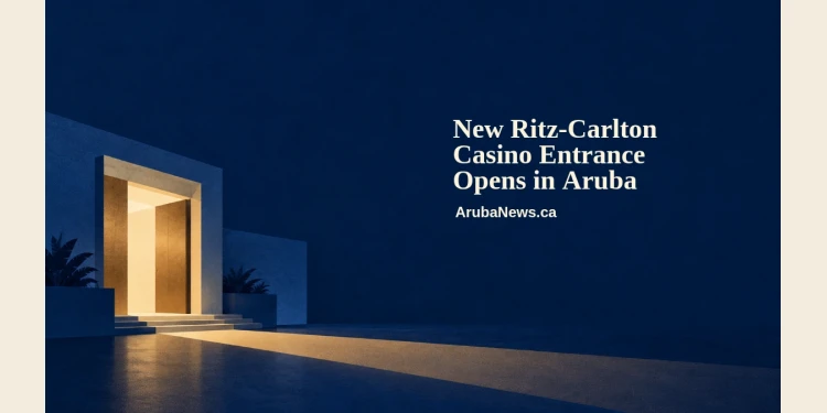 New Ritz-Carlton Casino Entrance Opens in Aruba Conceptual editorial illustration of a generic illuminated doorway, indigo architectural shapes and a warm light beam, with the entrance-opening headline and ArubaNews.ca branding; not a depiction of the actual Ritz-Carlton entrance.