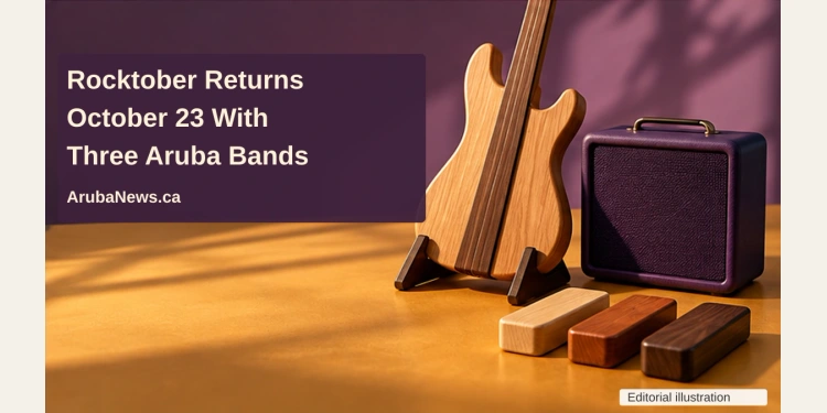 Rocktober Returns October 23 With Three Aruba Bands Conceptual editorial illustration of a wooden guitar form, plain amplifier and rhythm blocks on an ochre tabletop, with the article headline and ArubaNews.ca branding.