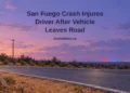 San Fuego Crash Injures Driver After Vehicle Leaves Road Painterly conceptual editorial illustration, not the actual crash or location: empty Caribbean road beside cactus hedges and an upright utility pole under a lavender sky, with the San Fuego headline and ArubaNews.ca branding.