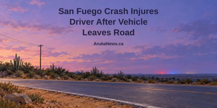 Painterly conceptual editorial illustration, not the actual crash or location: empty Caribbean road beside cactus hedges and an upright utility pole under a lavender sky, with the San Fuego headline and ArubaNews.ca branding.