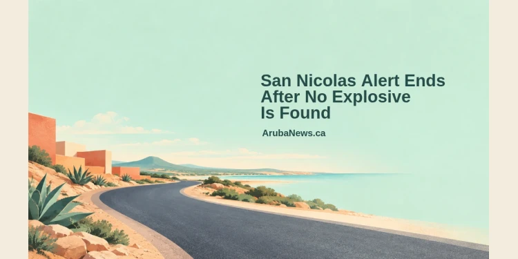 Conceptual editorial illustration of an empty curving road, stylized terracotta shapes and aloe beside a pale mint sky, with the resolved-alert headline and ArubaNews.ca branding; not the actual San Nicolas location or incident.