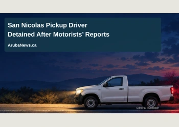 Conceptual editorial illustration of a stationary generic white pickup and distant emergency-light reflections; not a photograph of the reported San Nicolas incident.