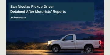 Conceptual editorial illustration of a stationary generic white pickup and distant emergency-light reflections; not a photograph of the reported San Nicolas incident.