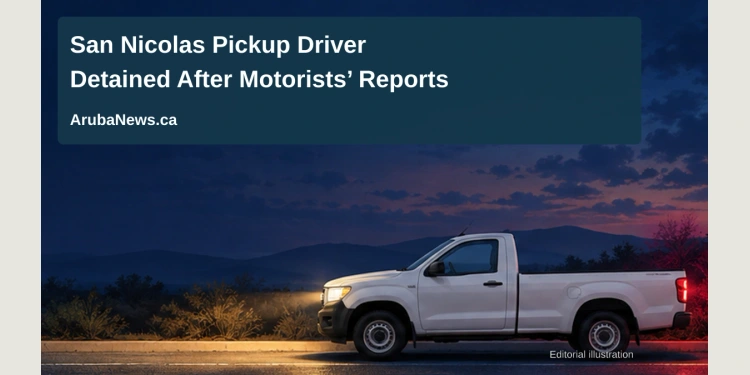Conceptual editorial illustration of a stationary generic white pickup and distant emergency-light reflections; not a photograph of the reported San Nicolas incident.