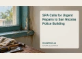 Editorial illustration of a worn teal window, rainwater marks and maintenance tools in a generic office, with a headline about SPA seeking San Nicolas police building repairs; not a depiction of an actual station.
