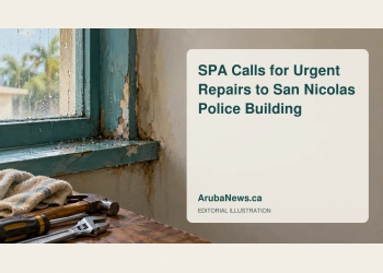 Editorial illustration of a worn teal window, rainwater marks and maintenance tools in a generic office, with a headline about SPA seeking San Nicolas police building repairs; not a depiction of an actual station.