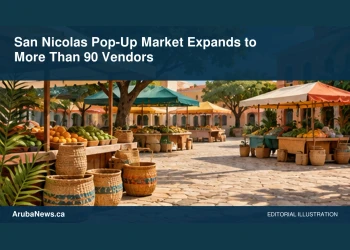 Conceptual editorial illustration: An empty colorful outdoor craft market with woven baskets, produce and shaded stalls on a generic Caribbean square, lively terracotta and green, wide street-level perspective. No signs, prices, people, real buildings or logos. Not a photograph of the actual event, people or location.