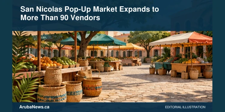 San Nicolas Pop-Up Market Expands to More Than 90 Vendors Conceptual editorial illustration: An empty colorful outdoor craft market with woven baskets, produce and shaded stalls on a generic Caribbean square, lively terracotta and green, wide street-level perspective. No signs, prices, people, real buildings or logos. Not a photograph of the actual event, people or location.