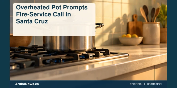 Overheated Pot Prompts Fire-Service Call in Santa Cruz Conceptual editorial illustration of plain cooking pot on an unlit domestic stove in a tidy generic kitchen, side-lit calm still life, no fire, smoke, people, brand names or text. Not a photograph of the actual incident or location.
