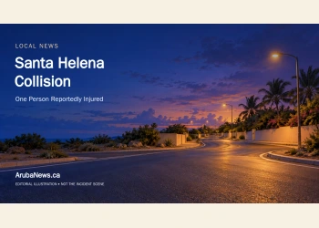 Conceptual editorial illustration of an empty Aruba road junction at dusk; no actual crash, vehicles involved or injured people are depicted.