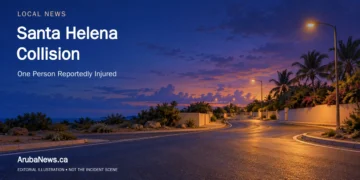 Conceptual editorial illustration of an empty Aruba road junction at dusk; no actual crash, vehicles involved or injured people are depicted.