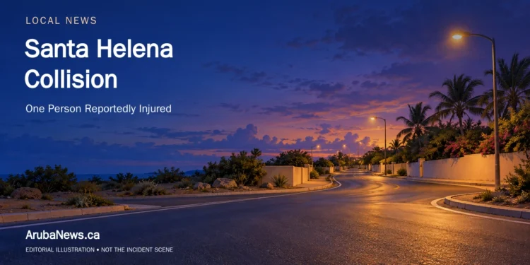 Santa Helena Collision Reportedly Leaves One Person Injured Conceptual editorial illustration of an empty Aruba road junction at dusk; no actual crash, vehicles involved or injured people are depicted.