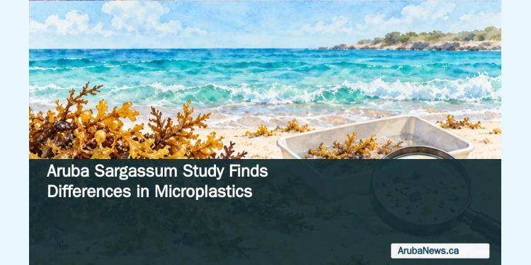 Aruba Sargassum Study Finds Differences in Microplastics Conceptual editorial illustration of sargassum beside a sample tray and magnifier on a Caribbean beach, with the article headline and ArubaNews.ca branding.