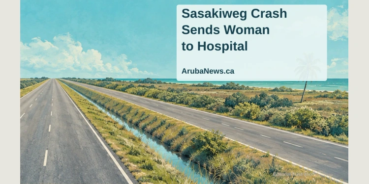 Conceptual editorial illustration of a quiet Caribbean roadside drainage ditch beside a divided road; no actual crash scene or identifiable vehicle is depicted.