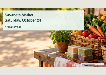Conceptual editorial illustration of local produce baskets, handmade soap and small potted plants on an outdoor market table; not a documentary photograph of the people, venue or event.