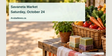 Savaneta Market Set for October 24 at Community Centre Conceptual editorial illustration of local produce baskets, handmade soap and small potted plants on an outdoor market table; not a documentary photograph of the people, venue or event.