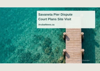 Conceptual editorial illustration of a generic pier over water; not a photograph of the disputed Savaneta pier or evidence from the case.