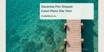 Conceptual editorial illustration of a generic pier over water; not a photograph of the disputed Savaneta pier or evidence from the case.