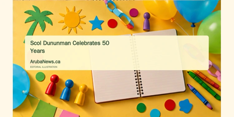 Scol Dununman Marks 50 Years With Week of Student Activities Conceptual editorial illustration of classroom crafts, balloons, board-game pieces and a blank notebook; not a photograph of Scol Dununman.