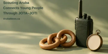 Conceptual editorial illustration of a radio handset, linked wooden rings and a blank-faced compass on a sage surface, with the article headline and ArubaNews.ca branding.