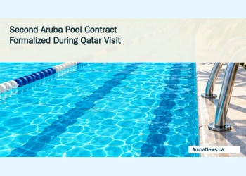 Conceptual editorial illustration of turquoise swimming lanes and a pool ladder, with the article headline and ArubaNews.ca branding; not a design of the planned facility.