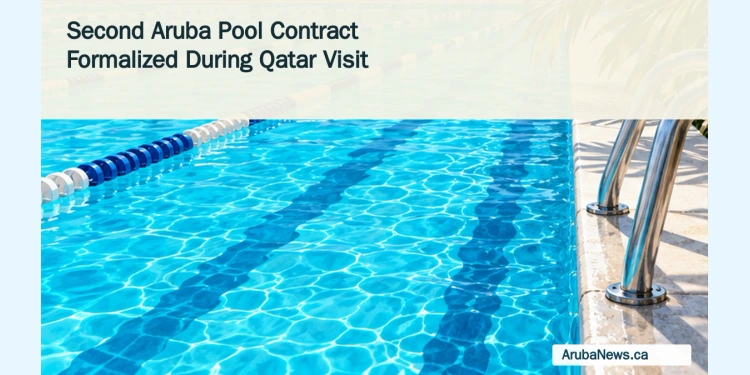 Conceptual editorial illustration of turquoise swimming lanes and a pool ladder, with the article headline and ArubaNews.ca branding; not a design of the planned facility.
