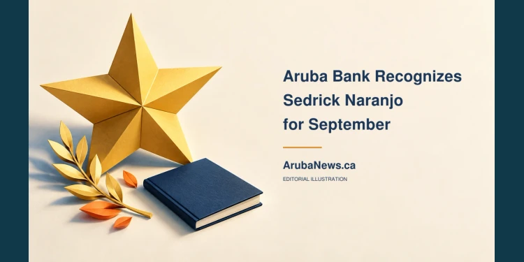 Conceptual editorial illustration of a golden folded-paper star, paper laurel and navy notebook, with the Sedrick Naranjo recognition headline and ArubaNews.ca branding; not an employee portrait or actual award photo.