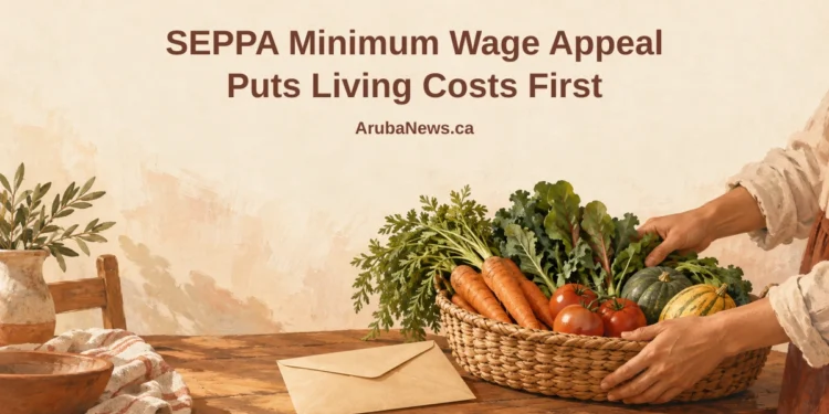 Conceptual editorial illustration of a worker’s hands arranging a modest basket of vegetables and an unmarked pay envelope on a kitchen table, with the article headline and ArubaNews.ca branding.