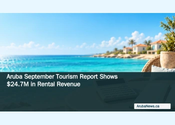 Editorial illustration of a calculator and notebook on a coastal terrace with turquoise water, not a photograph of rental properties or reported figures.