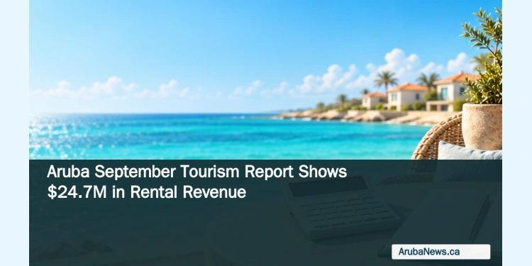 Aruba September Tourism Report Shows $24.7M in Rental Revenue Editorial illustration of a calculator and notebook on a coastal terrace with turquoise water, not a photograph of rental properties or reported figures.