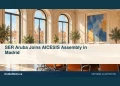 Conceptual editorial illustration: Airy architectural watercolor of an anonymous Madrid conference room with curved table and empty chairs, warm terracotta and cobalt; no flags, logos or people