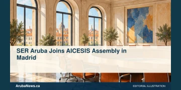 Conceptual editorial illustration: Airy architectural watercolor of an anonymous Madrid conference room with curved table and empty chairs, warm terracotta and cobalt; no flags, logos or people