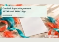 Conceptual editorial illustration of vivid coral and turquoise carnival feathers and ribbon on a pale tabletop beside a blank unsigned document, angled overhead still life, no people, logos or official stamps; not a documentary photograph.
