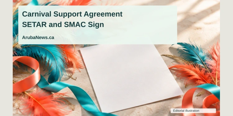 SETAR and SMAC Sign Agreement for Aruba Carnival Support Conceptual editorial illustration of vivid coral and turquoise carnival feathers and ribbon on a pale tabletop beside a blank unsigned document, angled overhead still life, no people, logos or official stamps; not a documentary photograph.