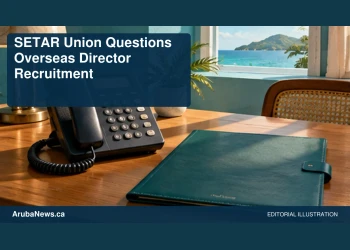 Conceptual editorial illustration: A plain unbranded desk telephone beside a blank executive appointment folder in a light Caribbean office, teal and warm wood, diagonal close view. No people, company logos, lettering or actual office. Not a photograph of the actual event, people or location.
