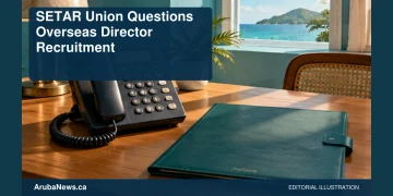 SETAR Union Questions Overseas Director Recruitment Conceptual editorial illustration: A plain unbranded desk telephone beside a blank executive appointment folder in a light Caribbean office, teal and warm wood, diagonal close view. No people, company logos, lettering or actual office. Not a photograph of the actual event, people or location.