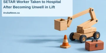 SETAR Worker Taken to Hospital After Becoming Unwell in Lift Conceptual editorial illustration of an empty wooden model utility lift beside a cone and closed case, with the article headline and ArubaNews.ca branding; not the Sero Blanco scene.