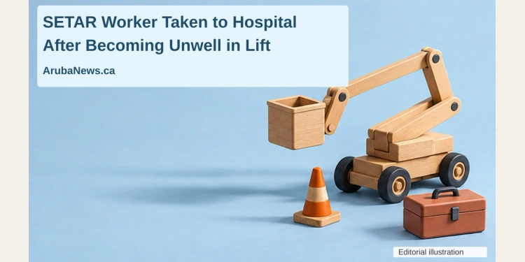 Conceptual editorial illustration of an empty wooden model utility lift beside a cone and closed case, with the article headline and ArubaNews.ca branding; not the Sero Blanco scene.