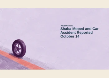 Conceptual gouache editorial illustration of a plain moped-style wheel and abstract road-edge band, with the Shaba moped headline and ArubaNews.ca branding; not the actual vehicles or accident.