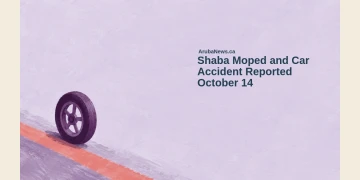 Conceptual gouache editorial illustration of a plain moped-style wheel and abstract road-edge band, with the Shaba moped headline and ArubaNews.ca branding; not the actual vehicles or accident.