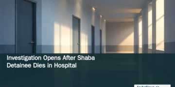 Investigation Opens After Shaba Detainee Dies in Hospital Conceptual editorial illustration of an empty sunlit corridor with closed doors; not a photograph of Shaba Police Station or incident evidence.