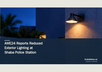 Conceptual editorial illustration of an exterior lamp and shaded courtyard wall at dusk; not a photograph of Shaba police station.