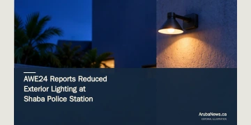 AWE24 Reports Reduced Exterior Lighting at Shaba Police Station Conceptual editorial illustration of an exterior lamp and shaded courtyard wall at dusk; not a photograph of Shaba police station.