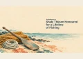 Conceptual linocut-watercolor illustration of coiled fishing rope, a wooden oar and a folded net, with the Shaki Thijsen headline and ArubaNews.ca branding; not his actual equipment or a ceremony scene.