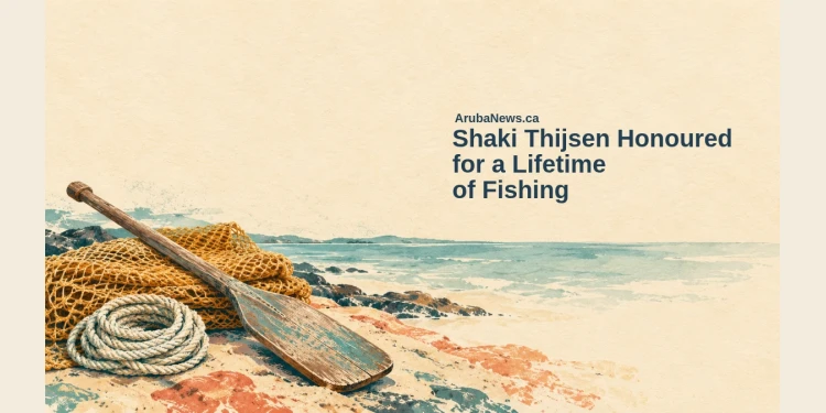 Conceptual linocut-watercolor illustration of coiled fishing rope, a wooden oar and a folded net, with the Shaki Thijsen headline and ArubaNews.ca branding; not his actual equipment or a ceremony scene.