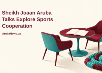 Conceptual editorial illustration of two empty contemporary meeting chairs beside an unbranded swimming lane rope and a blank sports planning notebook, with the article headline and ArubaNews.ca branding.
