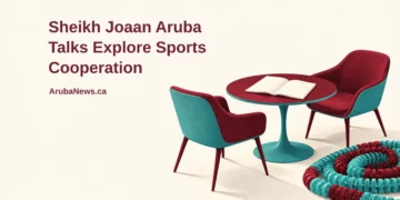 Conceptual editorial illustration of two empty contemporary meeting chairs beside an unbranded swimming lane rope and a blank sports planning notebook, with the article headline and ArubaNews.ca branding.
