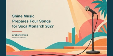 Shine Music Prepares Four Songs for Soca Monarch 2027 Cut-paper editorial illustration of a microphone on an abstract coral and turquoise stage, with the Shine Music Soca Monarch preparation headline and ArubaNews.ca branding.