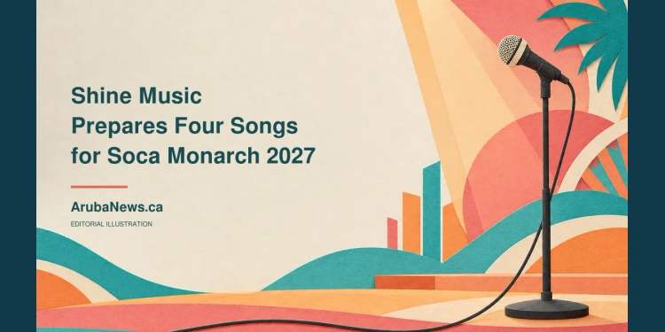 Shine Music Prepares Four Songs for Soca Monarch 2027 Cut-paper editorial illustration of a microphone on an abstract coral and turquoise stage, with the Shine Music Soca Monarch preparation headline and ArubaNews.ca branding.