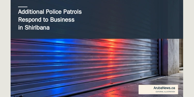 Additional Police Patrols Respond to Business in Shiribana Conceptual editorial illustration of blue and red light reflected on an unmarked storefront shutter; not an image of the Shiribana business or incident.